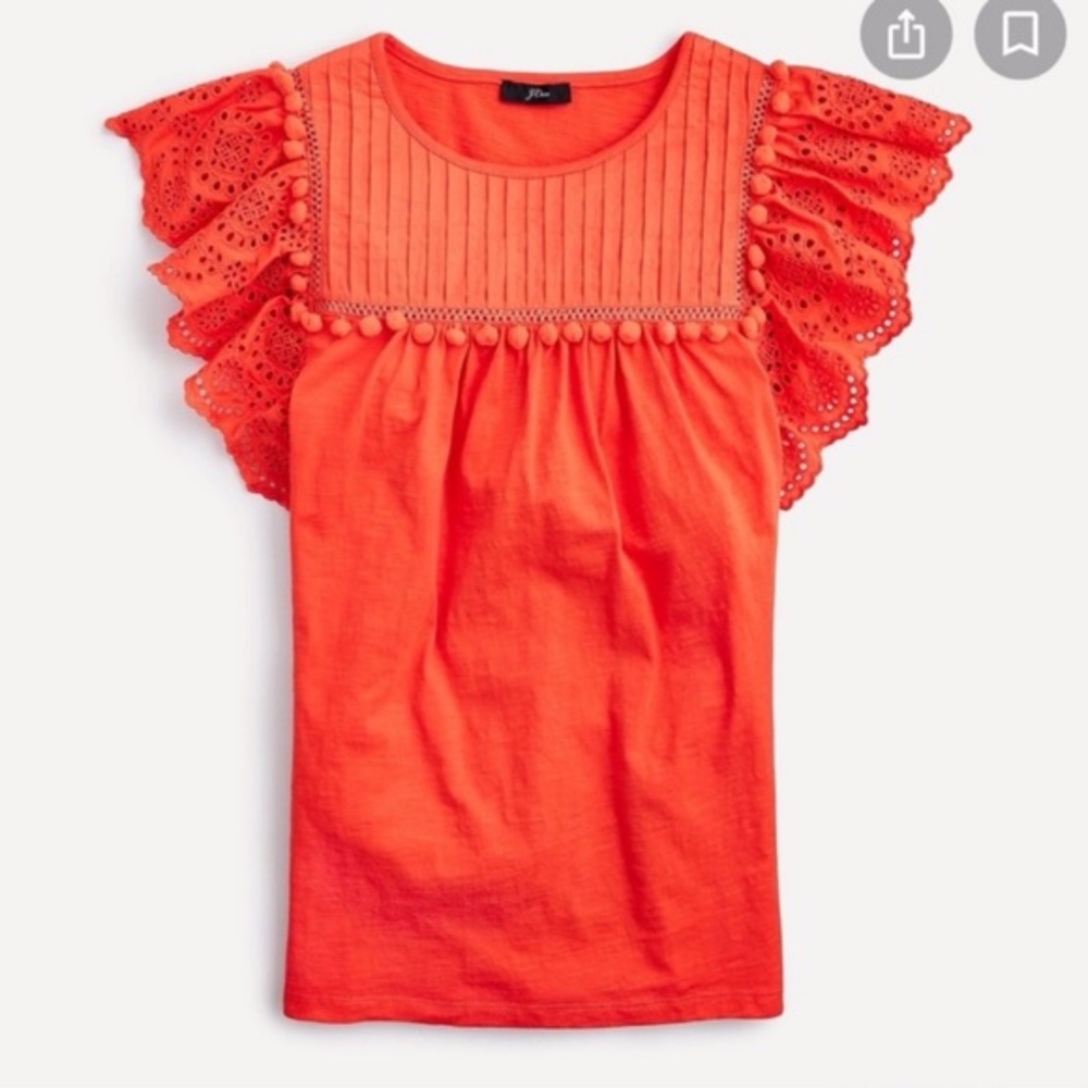 J crew Orange Pompom Eyelet Sleeve Top
